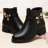 Breakj Leather Mother Cotton Shoes Autumn And Winter Add Velvet Women's Short Boots Middle-Aged Warm Low Heel Thick Heel Rhinestone Snow