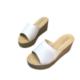 Breakj Cake Slippers Women Cool Drag Slope With High Heel 7CM Word Drag Leather Large Size Women's Shoes 35-42