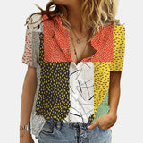 Women Elegant Office Simple Turn-down Collar Cartoon Print Casual Shirt Fashion Summer Short Sleeves Button Cardigan