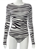 Zebra Print Bodysuits Backless Black Female Autumn Long Sleeve O Neck Lace Up Skinny Sport Tops Overall For Women