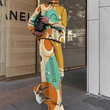 Ladies Long Sleeve Vintage Printed Outfits Fall Winter Women Two Piece Sets Elegant Turtleneck Pullover Top+Wide Leg Pants