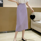 2021 New Spring Summer Women High Waist Solid Color Medium Long Skirt Casual Female Slim Fit OL Style Split Black
