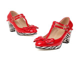Women's Cute Lolita Cosplay Shoes T Strap Patent Leather Bow Mid Chunky High Heel Mary Jane Pumps Patchwork Striped