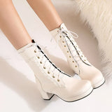 Girls Sexy Lolita Mid Calf Boots Women Motorcycle Shoes Autumn Winter Stylish Lady Lace Platforms Leather Shoes Party Botas