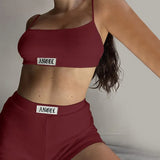 Puss Sexy Embroidery Women Camisole Sporty+Biker Shorts Set Cotton Letter Print Elastic Tracksuit Fitness Holiday