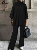 Celmia 2022 Spring 2pcs Knitted Pant Sets Women High Collar 3/4 Sleeve Top Fashion Wide Leg Long Pants Casual Loose Brushed