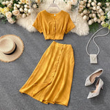 New Summer Women Casual V Neck Single Breasted Crop Tops High Waist A-line Solid Color Skirt Two Piece