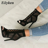 2022 Fashion Black Summer Sandals Lace Up Cross-tied Peep Toe High Heel Ankle Strap Net Surface Hollow Out