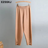 Elastic Waist BUTTON Trousers Thick Knitted Harem Pants Autumn Winter Sport pants sweater Knitted Carrot