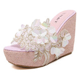 Sandals And Slippers Are Available In Stock. Korean Fashion Beaded Flowers Summer Transparent Slope Thick-Soled