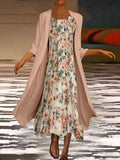 Spring Elegant Dress Suit Retro Printed Round Neck Dress Solid Jacket Two Piece Women 2022 New Fashion Office Long Dress