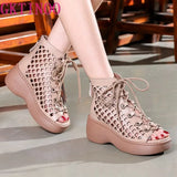 2021 New Hollow Genuine Leather Sandals Women Shoes Sandals Platform Wedges Summer Shoes Woman Fashion Casual