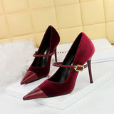 Breakj Banquet High Heels Fine Heel Shallow Pointed Top Xishi Suede Stitching Pointed Metal Buckle One Word Strip Single