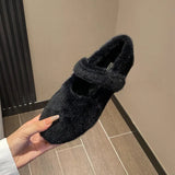 Fur Mary janes shoes woman round toe ankle strap furry loafers 34-43 big size warm plush winter shoes female cotton