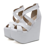 Height 17cm Platform Wedges Shoes Black White With Cross Straps Ultra High Heel Hot Footwear Sandals Zipper Party On