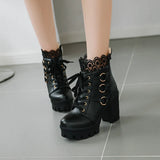 Women Chunky Platform Ankle Boots Lolita Super High Heel Lace Up Boots Sweet Lace Back Zipper Princess Cosplay Shoes Black