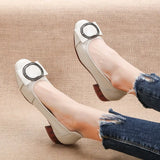 2021 Genuine Leather Square Toe Pumps Women Shoes Low Heel Shallow Round Buckle Slip-On Leather Casual Shoes For