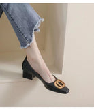 Breakj 2023 New Fashion Square Head Shallow Metal Buckle Thick Heel Single Shoe Medium Heel Women's