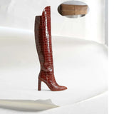 Leather Knee High Boots Women Sexy Chunky High Heels Long Boots Female Winter Party Shoes Cowboy Knight