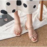Breakj Women Sandals Ladies Square Heels Elegant Summer Slippers Outside Cross Tied Leather Female Slides 2023 Fashion Woman