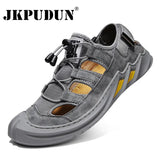Genuine Leather Mens Sandals Non-slip Outdoor Men Hiking Shoes Breathable Men Casual Shoes Roman Slippers Plus Size