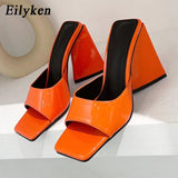 Summer Orange Black Triangle Thick heel Slippers Sexy Street Woman Party Peep toe Dress shoes size