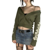 Vintage Green Printed Y2K Crop Hoodies Zip Up Bomber Hooded Jacket Pullovers Autumn 2021 Long Sleeve Women