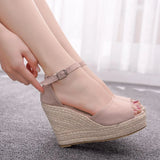 Breakj Cm Fish Mouth Water Table Heel Sandals Large-Size Sandals Bohimia Fish Mouth Sandals Hemp Rope Heel