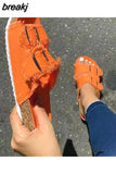 Summer Women Fashion Canvas Cork Slippers Casual Double Buckle Tassel Clogs Slides Non-slip Outside