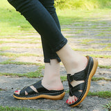Breakj Women's Slippers Summer Large-Size Slope Heel Sandals Hollow Cross Lady