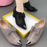 Women's Hollow Mesh Shoes 2023 Summer Women Pumps Fashion Rhinestone Square Heel Pointed Toe Zipper Bow Women Sandals Plus