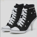 Women Canvas Shoes Denim High Heels Rivets Shoes Fashion Shoe Spring Sneakers Women's Pumps Black Blue Autumn New