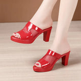 Heel Gauze Slippers Summer 2023 New Waterproof Table Fish Mouth Sandals Lacquered Leather Large Size 43 Women Wearing
