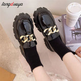 Shoes Women PU Leather Platform Shoes Casual Buckle Shoes Ladies Thick Sole Slip on Creepers Oxford Leather