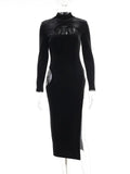 Christmas Party Dress Women Velvet Hollow Out Turtleneck Sexy Side Split Elegant Women Red Midi Dresses For Woman
