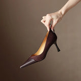 New Stitching High Heels Women's Single Shoes Pointed Thin Temperament Hollowed Out Apricot Matching Shallow