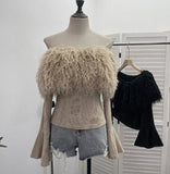 Sexy Wind Shoulder Hair Knitted Shirt Girl Short To Make Old Broken Long-Sleeved T-Shirt Top