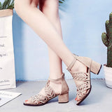 2020 New Style Women Summer Hollow Out Faux Leather Rhinestones Thick Heel Zipper Sandals Shoes