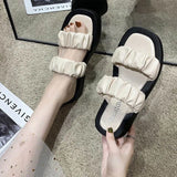 Summer Square Toe Women's Slippers Ladies Pu Leather Wateproof Shallow Shoes Female Flats Flatform Fashion Sandals