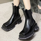 Autumn New Fashion Platfrom Square Heel Women's Casual Boots Square Heel Metal Decoration Splicing Elasticity Women's