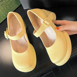 Strange Style Round High Heels Mary Jane Shoes Women Strap Buckle Platform Fashion Lychee Pattern Pumps Green Yellow White