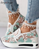 42 Female Wedge Shoes Mesh Breathable Shoes Women blue white Platform Sneakers Women Height Increasing Wedges Shoes