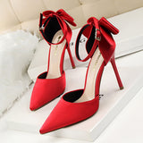 Breakj Korean Version Of Sweet Women's Shoes Fine Heel High Heel Shallow Mouth Pointed Silk Hollow Bow After A Word With