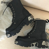 Style Platform Women Ankle Boots Women's Motorcycle Boot Fashion Ladies Chunky Shoes Metal Decor Black BIG Women Boots