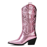 Women Western Boots Fashion Metallic Girls Med Calf Knee Boots Silver Bling Emboridery Punk Cowboy Cowgirls Shoes Vintage