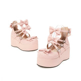Princess Lolita Platform Mary Jane Girls Tea Party Shoes Criss-Cross Strap Sweet Bow Thick Sole Wedge Pumps Pink Black