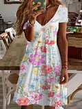 Office Elegant Floral Printed Women Dress Summer Sexy Deep V Neck Mini Short Dress 2022 Casual Short Sleeved Loose Beach