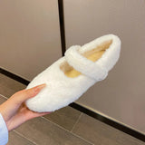 Fur Mary janes shoes woman round toe ankle strap furry loafers 34-43 big size warm plush winter shoes female cotton