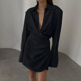 Elegant V Neck Sexy Long Sleeve Shirt Dress Women Autumn Black White Ruched Casual Short Dresses Ladies