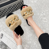 Chain Slippers Women's Autumn And Winter New Flat-Soled Large-Size Warm Slippers Cotton